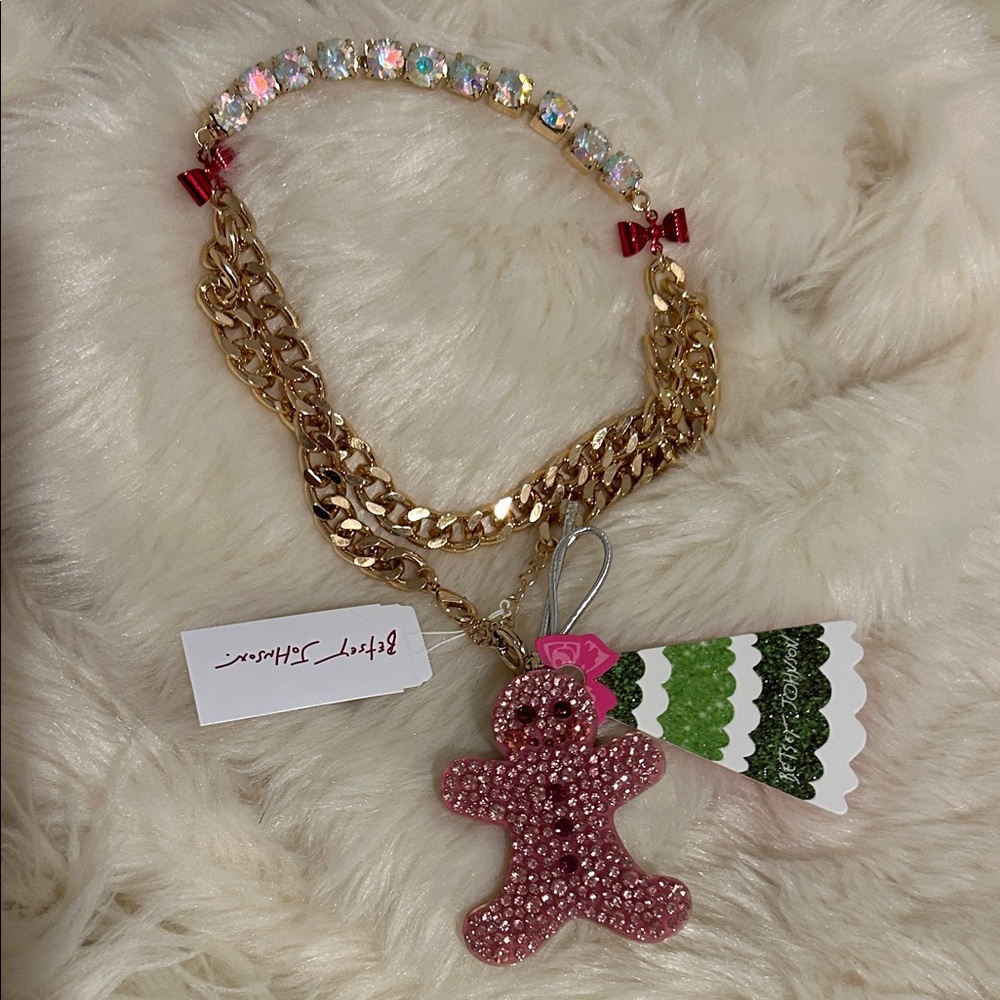 Betsey Johnson Gold Necklace with Pink Crystal Gingerbread Man pendant ornament